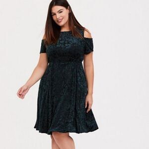 Green Velvet Burnout Cold Shoulder Skater Dress